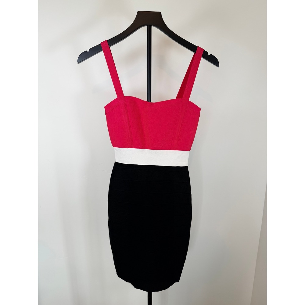 Bebe Bodycon Bandage Dress Bright Rose Pink White Black Tri-Color Y2K XS